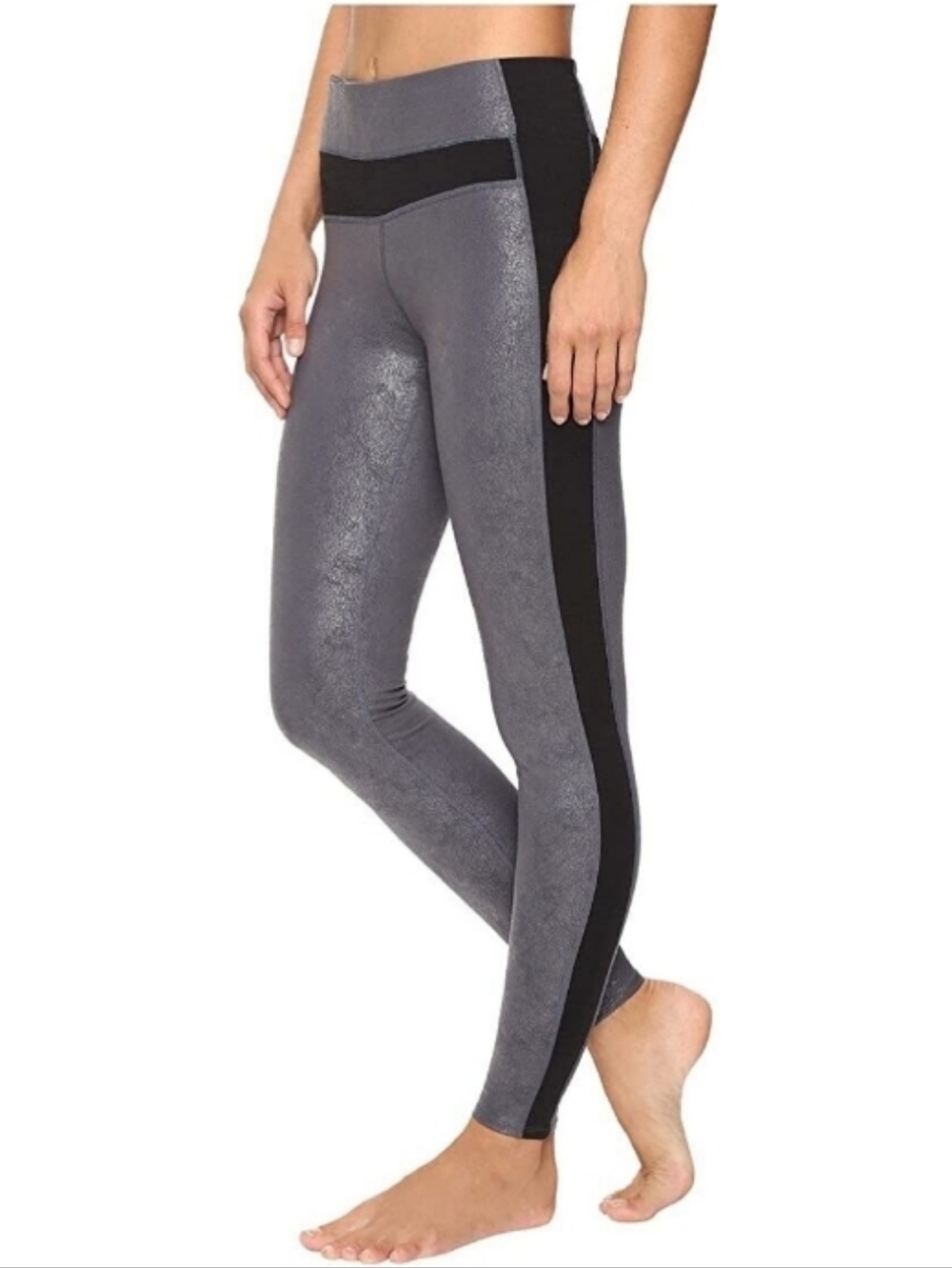 EUC MANDUKA Surihaku Ankle Length Yoga Leggings Metallic Gunmetal and Black S